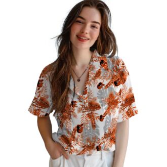 Tropical MLB Baltimore Orioles White Hawaiian Shirt with Tropical Leaves Print