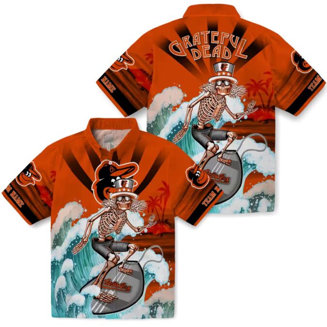 Unique Personalized Baltimore Orioles Surfing Skeleton Hawaiian Shirt - Orange & Blue MLB Gift