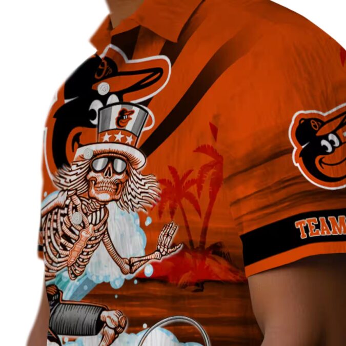 Unique Personalized Baltimore Orioles Surfing Skeleton Hawaiian Shirt - Orange & Blue MLB Gift