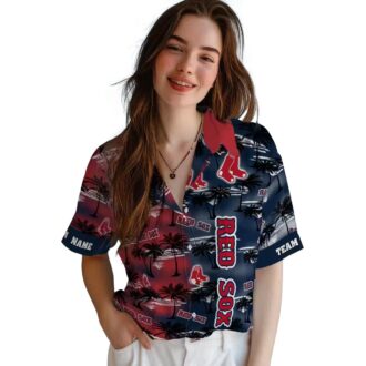 Boston Red Sox Custom Hawaiian Shirt - Palm Silhouettes Tropical MLB Team Beach Shirt
