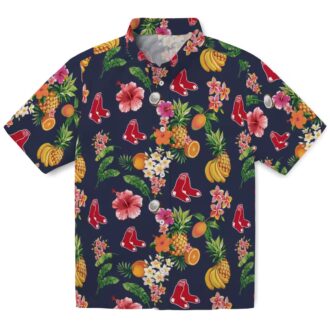 Boston Red Sox Navy Blue Hawaiian Shirt - Hibiscus & Tropical Fruit Design