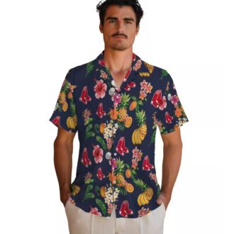 Boston Red Sox Navy Blue Hawaiian Shirt - Hibiscus & Tropical Fruit Design