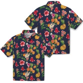 Boston Red Sox Navy Blue Hawaiian Shirt - Hibiscus & Tropical Fruit Design