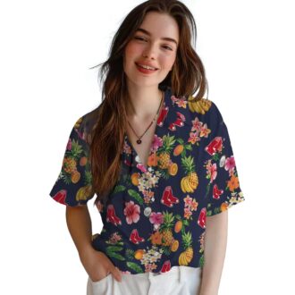 Boston Red Sox Navy Blue Hawaiian Shirt - Hibiscus & Tropical Fruit Design
