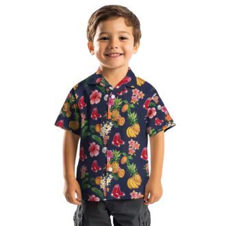 Boston Red Sox Navy Blue Hawaiian Shirt - Hibiscus & Tropical Fruit Design