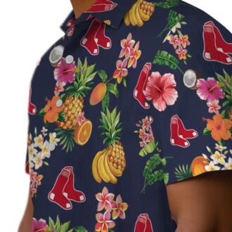 Boston Red Sox Navy Blue Hawaiian Shirt - Hibiscus & Tropical Fruit Design