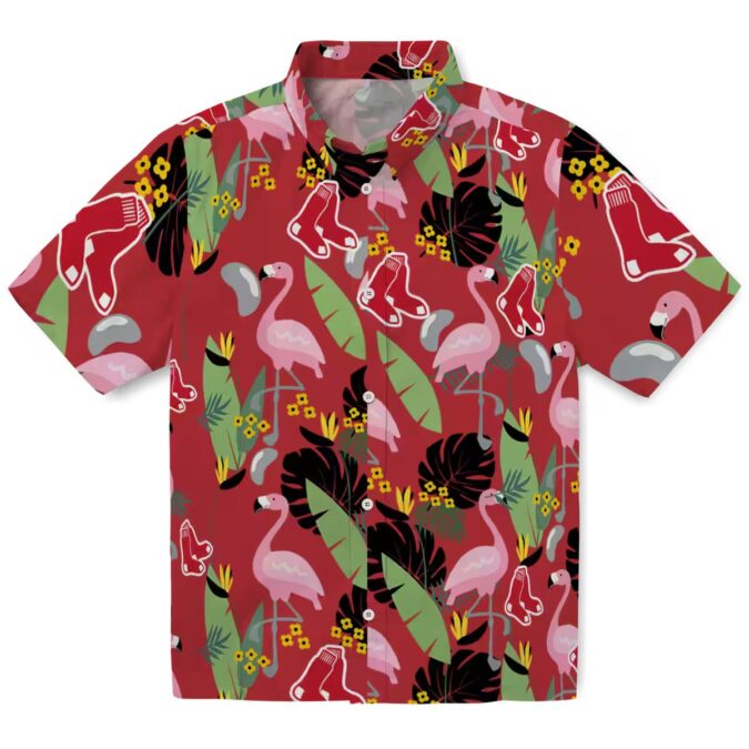 Official Boston Red Sox Hawaiian Shirt - Tropical Flamingo & Leaves Design