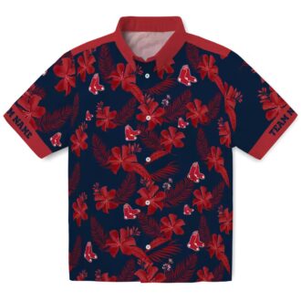 Personalized Navy Hawaiian Shirt with Boston Red Sox Logo - Tropical Botanical Print for Fans