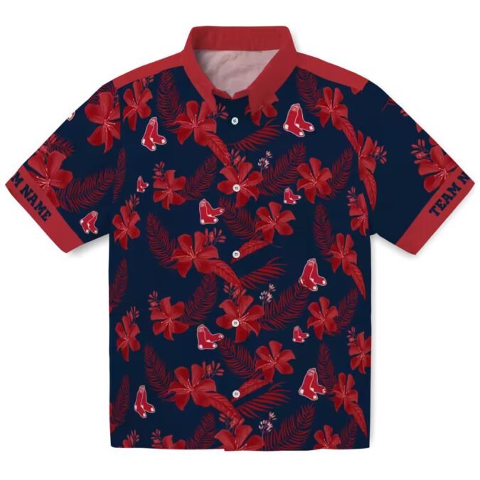 Personalized Navy Hawaiian Shirt with Boston Red Sox Logo - Tropical Botanical Print for Fans