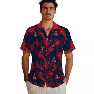 Personalized Navy Hawaiian Shirt with Boston Red Sox Logo - Tropical Botanical Print for Fans