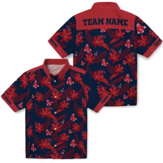 Personalized Navy Hawaiian Shirt with Boston Red Sox Logo - Tropical Botanical Print for Fans