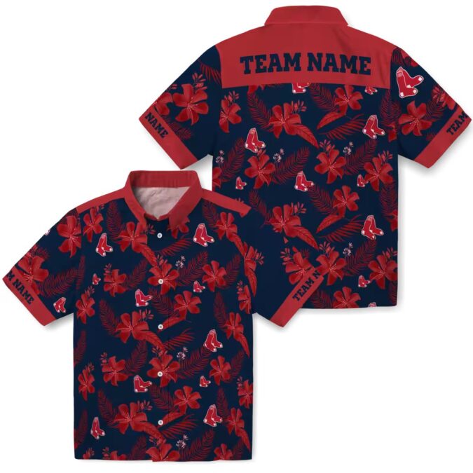 Personalized Navy Hawaiian Shirt with Boston Red Sox Logo - Tropical Botanical Print for Fans