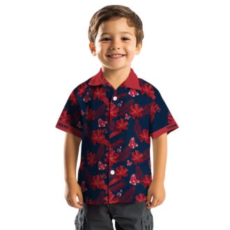 Personalized Navy Hawaiian Shirt with Boston Red Sox Logo - Tropical Botanical Print for Fans