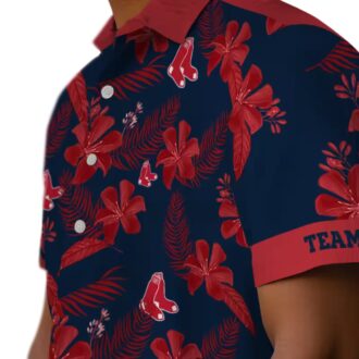 Personalized Navy Hawaiian Shirt with Boston Red Sox Logo - Tropical Botanical Print for Fans