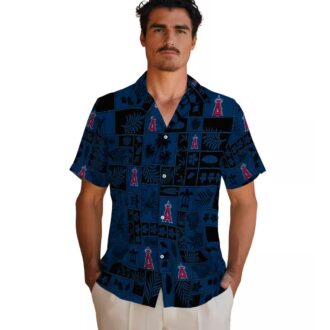 Los Angeles Angels Hawaiian Shirt for Men - Tropical Blue Black Patchwork Shirt for Summer