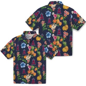 Los Angeles Angels Navy Blue Hawaiian Shirt - Tropical Hibiscus and Fruit Shirt for Fans