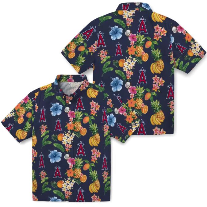 Los Angeles Angels Navy Blue Hawaiian Shirt - Tropical Hibiscus and Fruit Shirt for Fans