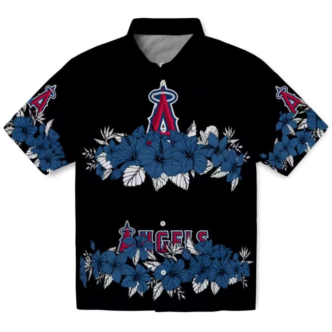 Men's Los Angeles Angels Hawaiian Button Up Shirt - Hibiscus Stripe Blue Black for Summer Beach Fun