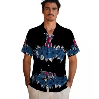 Men's Los Angeles Angels Hawaiian Button Up Shirt - Hibiscus Stripe Blue Black for Summer Beach Fun