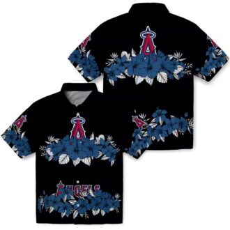 Men's Los Angeles Angels Hawaiian Button Up Shirt - Hibiscus Stripe Blue Black for Summer Beach Fun