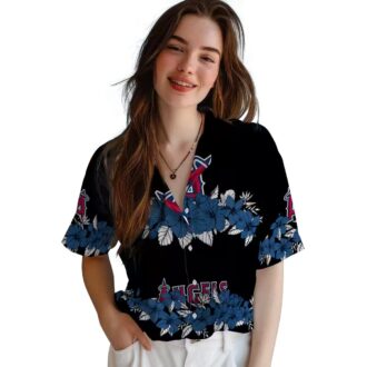 Men's Los Angeles Angels Hawaiian Button Up Shirt - Hibiscus Stripe Blue Black for Summer Beach Fun