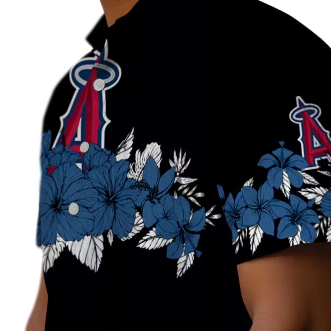 Men's Los Angeles Angels Hawaiian Button Up Shirt - Hibiscus Stripe Blue Black for Summer Beach Fun