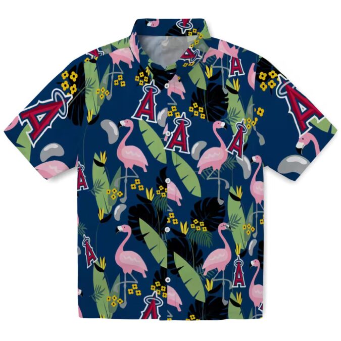 Shop Los Angeles Angels Blue Flamingo Leaves Hawaiian Shirt - Perfect for Summer Beach Party