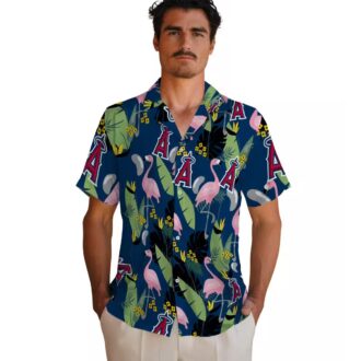Shop Los Angeles Angels Blue Flamingo Leaves Hawaiian Shirt - Perfect for Summer Beach Party