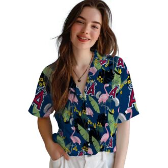 Shop Los Angeles Angels Blue Flamingo Leaves Hawaiian Shirt - Perfect for Summer Beach Party