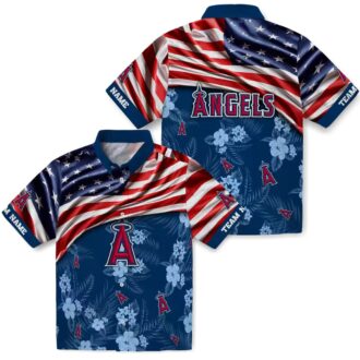 Alternative view of USA Flag Hibiscus Blue Hawaiian Shirt for Los Angeles Angels Fans - Custom Team Shirt