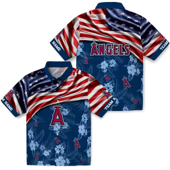 USA Flag Hibiscus Blue Hawaiian Shirt for Los Angeles Angels Fans - Custom Team Shirt