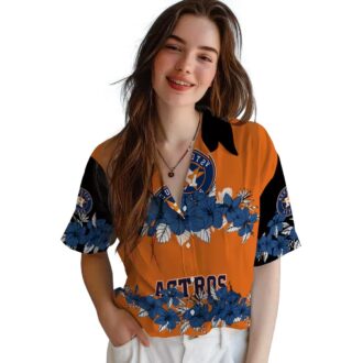 Houston Astros Hibiscus Stripe Blue Black Hawaiian Shirt - Tropical MLB Summer Shirt for Fans