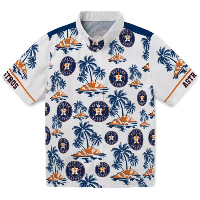 Official Houston Astros MLB Tropical Hawaiian Shirt - Palm Island Print in Blue and White