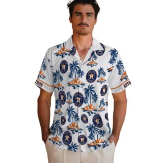 Official Houston Astros MLB Tropical Hawaiian Shirt - Palm Island Print in Blue and White