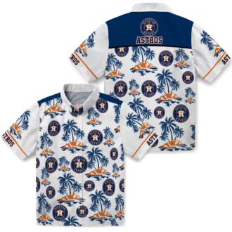 Official Houston Astros MLB Tropical Hawaiian Shirt - Palm Island Print in Blue and White