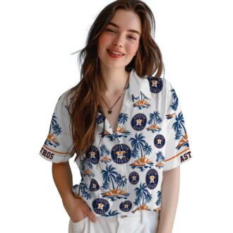 Official Houston Astros MLB Tropical Hawaiian Shirt - Palm Island Print in Blue and White