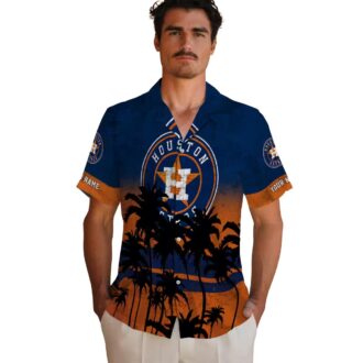 Personalized Houston Astros Hawaiian Shirt - Sunset Tropical Blue & Black Aloha Design