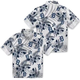 Best Detroit Tigers Hawaiian Button Up Shirt - MLB Team Tropical Hibiscus Palm Leaves Navy Shirt