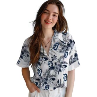 Best Detroit Tigers Hawaiian Button Up Shirt - MLB Team Tropical Hibiscus Palm Leaves Navy Shirt