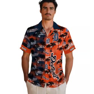Custom Detroit Tigers Tropical Hawaiian Shirt - Navy Aloha Style with Palm Silhouettes