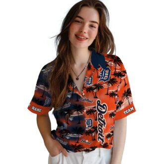 Custom Detroit Tigers Tropical Hawaiian Shirt - Navy Aloha Style with Palm Silhouettes
