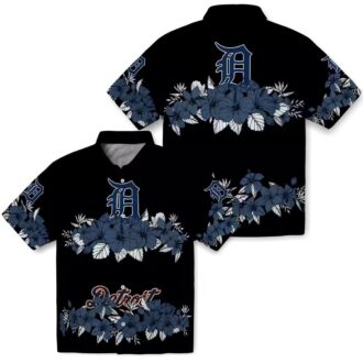 Detroit Tigers Hibiscus Stripe Hawaiian Shirt - Navy Black MLB Summer Beach Shirt for Fans