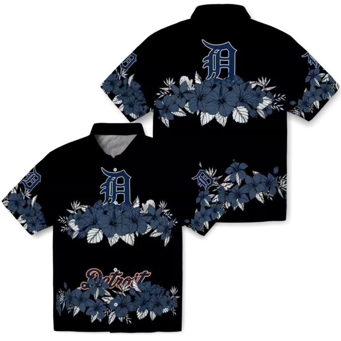Detroit Tigers Hibiscus Stripe Hawaiian Shirt - Navy Black MLB Summer Beach Shirt for Fans