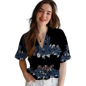 Detroit Tigers Hibiscus Stripe Hawaiian Shirt - Navy Black MLB Summer Beach Shirt for Fans