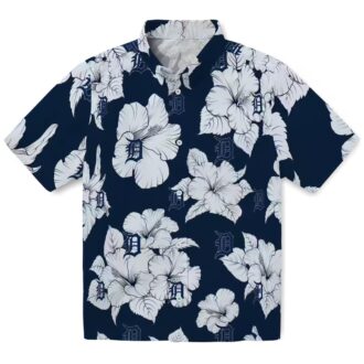 Detroit Tigers MLB Tropical Theme Hawaiian Shirt - Hibiscus Blooms Navy White for Vacation