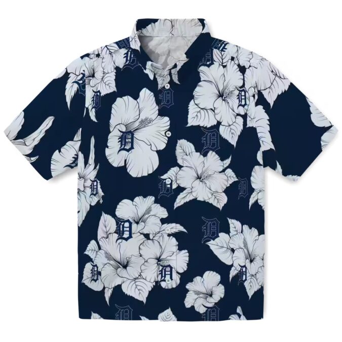 Detroit Tigers MLB Tropical Theme Hawaiian Shirt - Hibiscus Blooms Navy White for Vacation