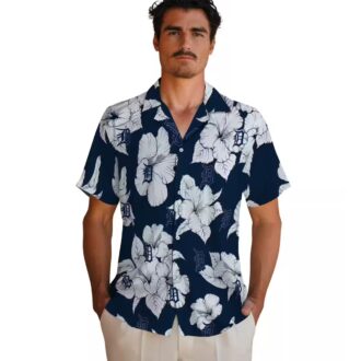Detroit Tigers MLB Tropical Theme Hawaiian Shirt - Hibiscus Blooms Navy White for Vacation
