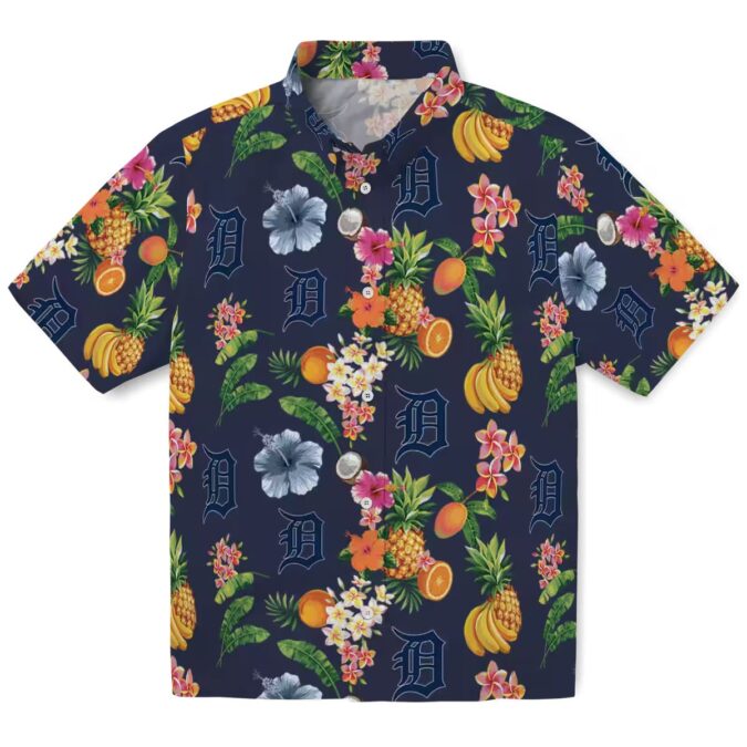 Detroit Tigers Navy Blue Hawaiian Shirt with Hibiscus & Fruit - MLB Aloha Shirt for Fans