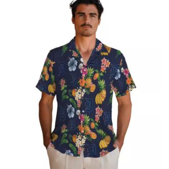 Detroit Tigers Navy Blue Hawaiian Shirt with Hibiscus & Fruit - MLB Aloha Shirt for Fans