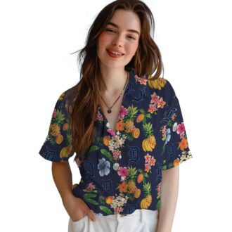 Detroit Tigers Navy Blue Hawaiian Shirt with Hibiscus & Fruit - MLB Aloha Shirt for Fans